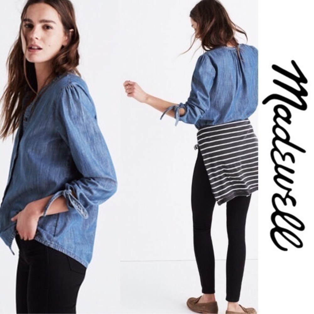 Madewell Denim Chambray Top Tie Sleeves Blue M
